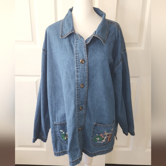 BLAIR WOMENS DENIM BUTTON DOWN SHIRT SIZE XL CAT EMBROIDERED - Picture 2 of 11